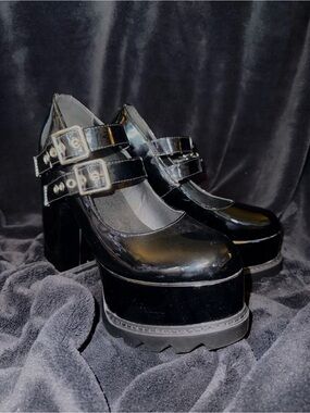 Black Platform Mary Jane Heels with Double Buckle Straps